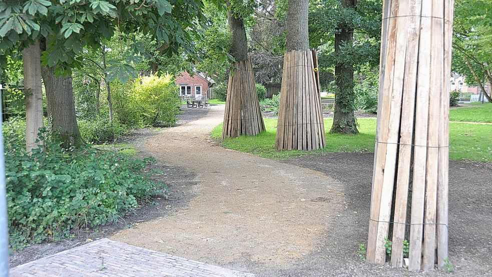 Zum Schutz vor den Baumaschinen wurden die Stämme der Bäume mit Schutzlatten verkleidet. Foto: Wolters