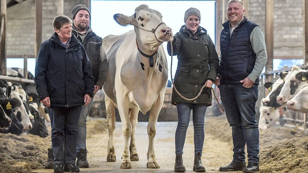 Angela Cordes, René Dornbusch, Marike Loesing und Heiner Cordes (von links) mit Kuh Marike. Foto: Ortgies