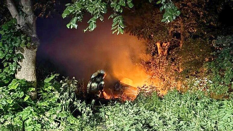 Das brennende Fahrzeug rollte ins Gebüsch. Foto: Feuerwehr