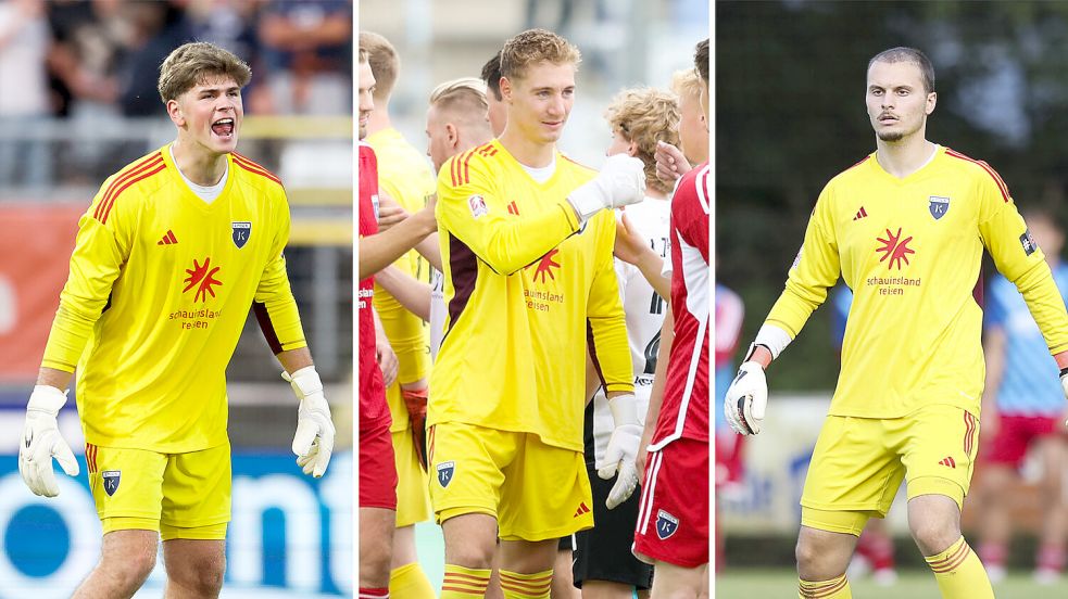 Moritz Onken, Marcel Bergmann und Isaak Djokovic (von links) möchten bei Kickers gerne im Tor stehen. Foto: Doden/Emden