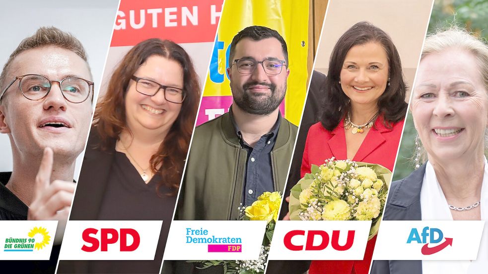 Die Kandidatinnen und Kandidaten im Landkreis Leer (von links): Julian Pahlke (Bündnis 90/Die Grünen), Anja Troff-Schaffarzyk (SPD), Ferhat Asi (FDP), Gitta Connemann (CDU) und Martina Uhr (AfD). Fotos: dpa/Parteien/Archiv