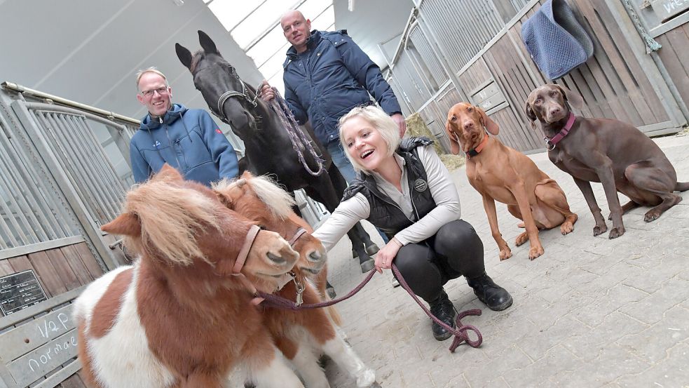 Aufgestellt fürs Familienfoto: Herdenmanager Frank Steffens (von links), Betriebsleiter Holger Willms und seine Frau Elfi Willms mit den Ponys, einem ihrer Zuchtpferde sowie Hund Aiden und Hündin Enna. Foto: Ortgies