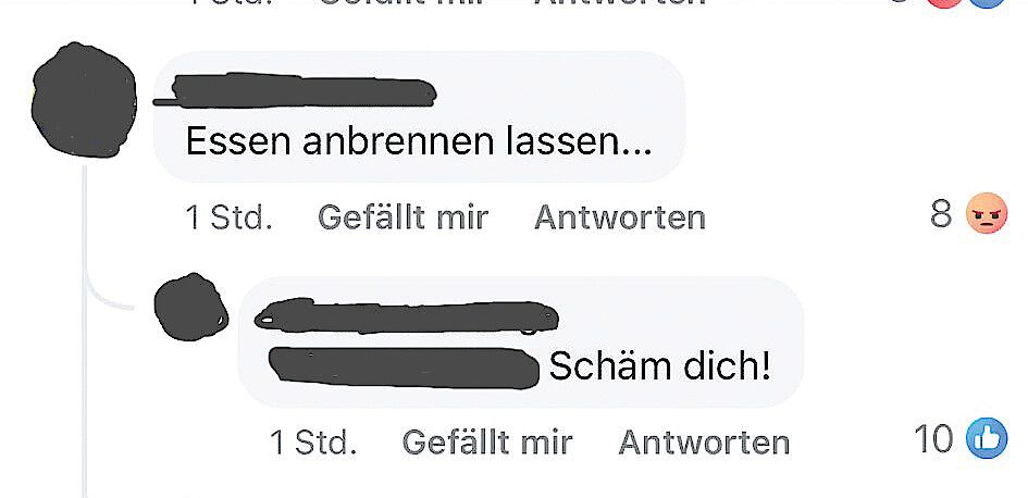 "Essen anbrennen lassen", schrieb ein männlicher Nutzer als Kommentar unter den Artikel über die Tötung einer Frau in Emden. Screenshot: Facebook/Weiden