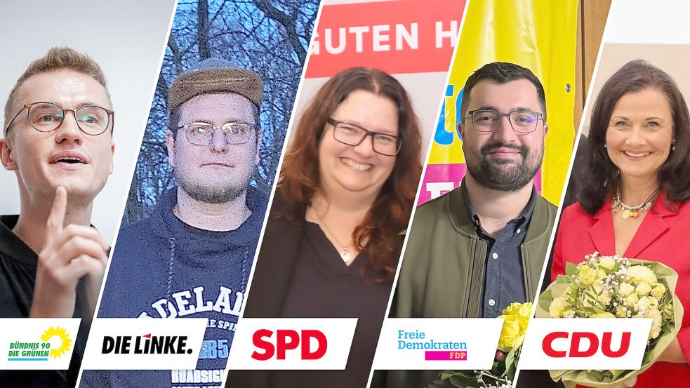 Die Teilnehmer der Politik-Arena (von links): Julian Pahlke (Bündnis 90/Die Grünen), Michel Rolandi (Linke), Anja Troff-Schaffarzyk (SPD), Ferhat Asi (FDP) und Gitta Connemann (CDU). Fotos: DPA/Parteien/Archiv/privat