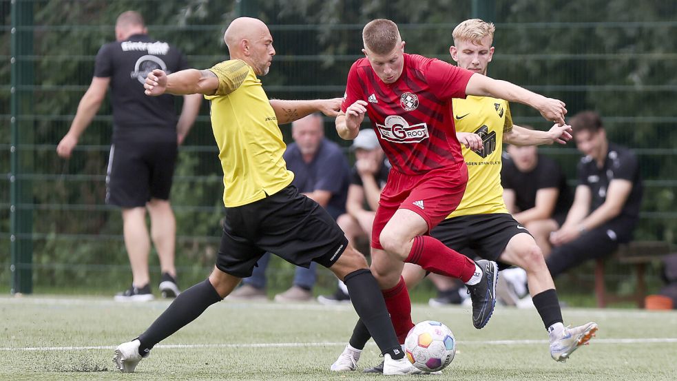 Der TuS Hinte (gelbe Trikots) und der VfB Uplengen sind zwei von fast einem Dutzend Aufstiegsanwärtern. Beide Teams starten am Wochenende mit Kunstrasen-Heimspielen. Aber auch die sind gefährdet. Foto: Doden/Emden